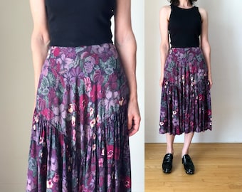 1970s vintage Neiman Marcus dark floral midi length skirt 70s ultra high waist gathered panel skirt XS 24 W