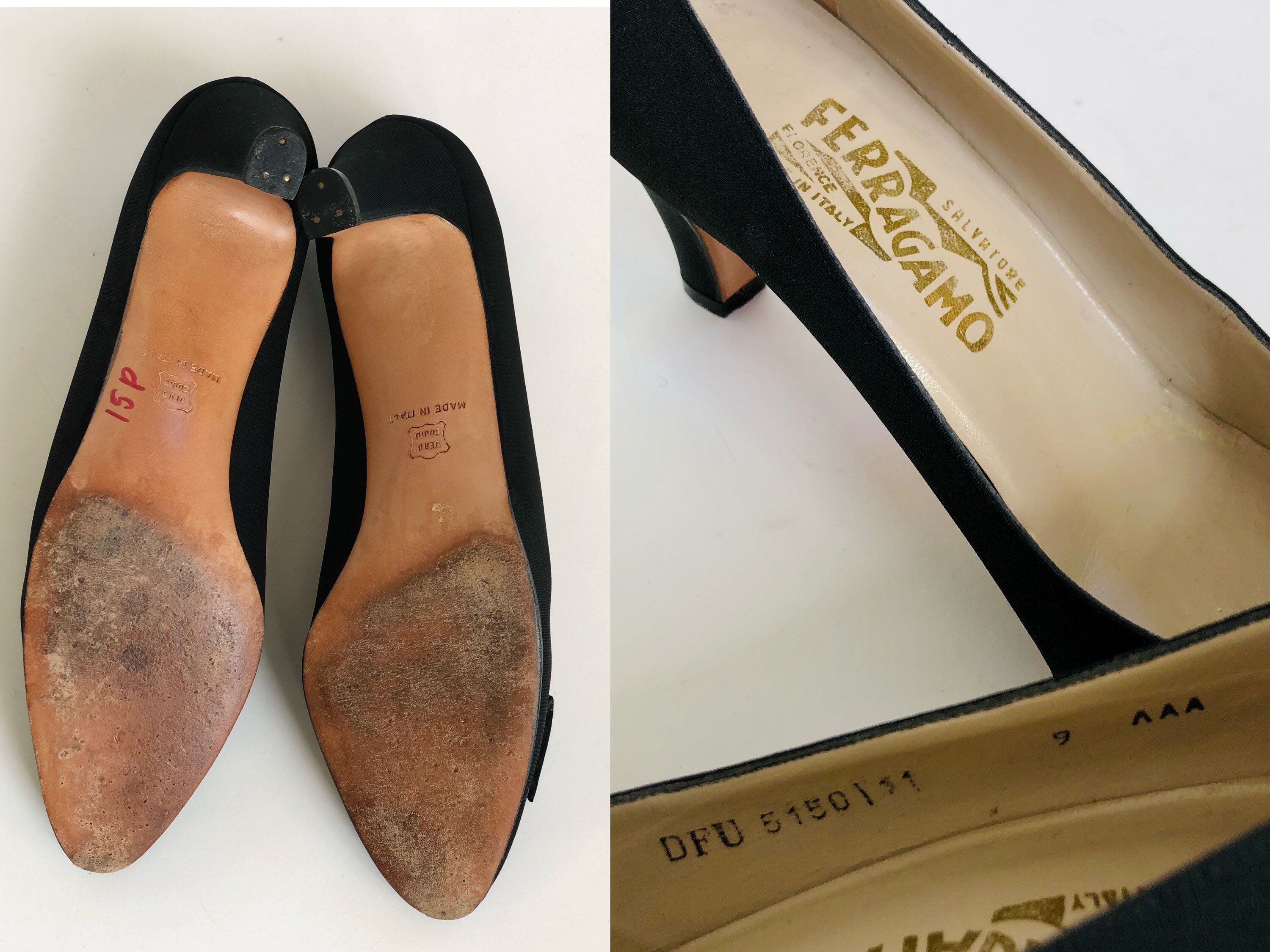 1980s Vintage Salvatore Ferragamo Black Silk Bow Pumps 80s