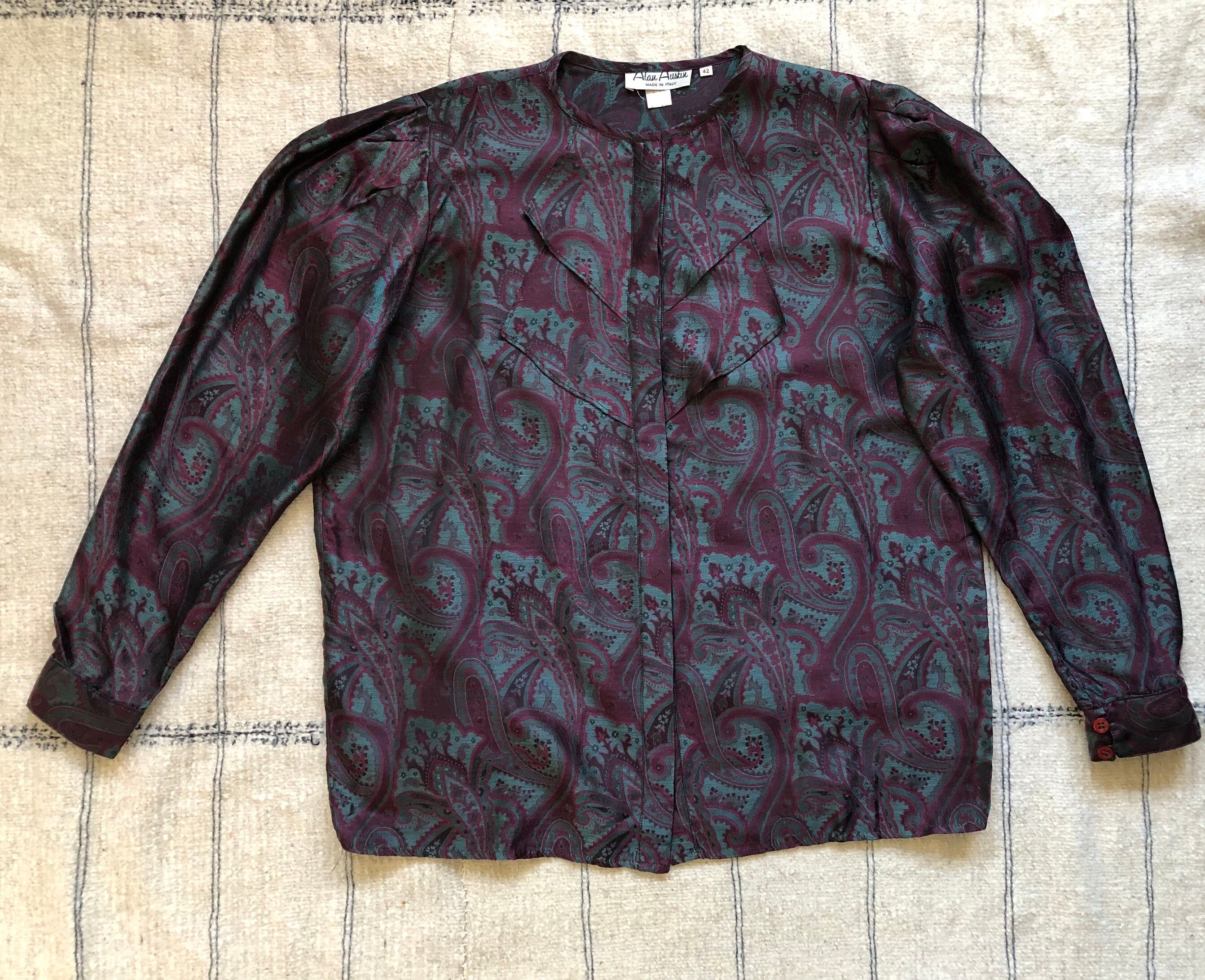 Alan Ruffle 1980s Vintage Alan Austin Paisley Silk Jacquard Ruffle Bib Blouse 80s ...