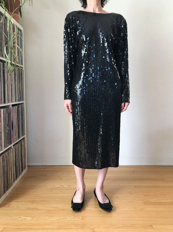 swee lo sequin dress Pretty 80s Swee Lo Sequin Dress Beaded B&W Floral Design Minidress w/Shoulder Pads| Size S