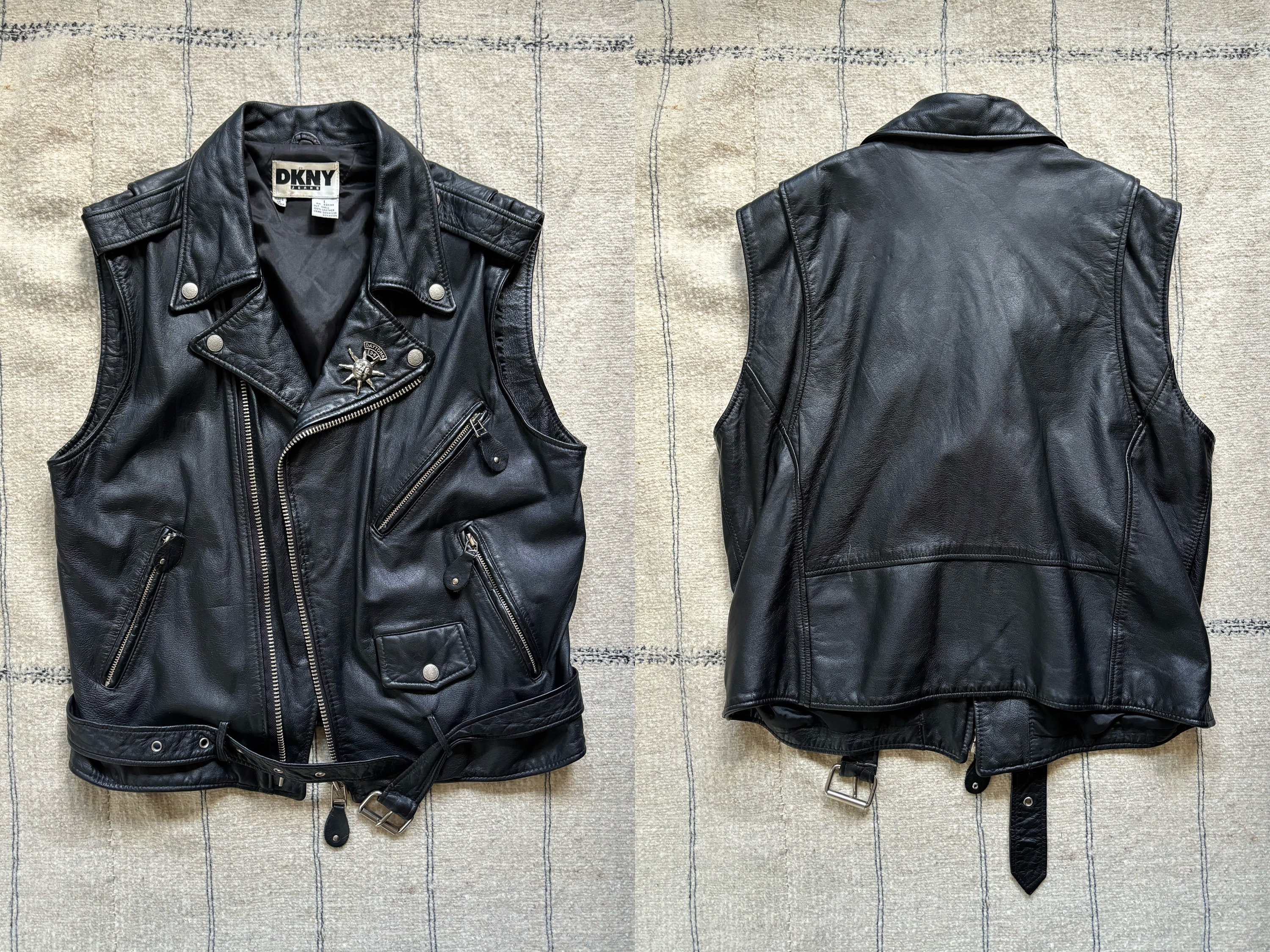 1990s Vintage DKNY Oversized Black Leather Vest 90s Designer