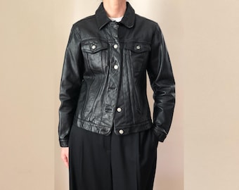 ジャケット・アウター 00s old gap leather bomber jacket y2k Vtg GAP Men's Moto Jacket Y2K 2000s Black HEAVY LEATHER