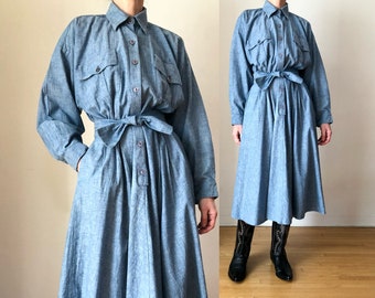 1980s vintage Norma Kamali chambray denim midi dress 80s oversized pleated long sleeve shirtdress S M 28 W