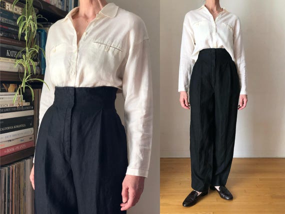 Perry Ellis, 1990s vintage Perry Ellis ultra high waist pleated trousers 90s black linen pants S 26 W