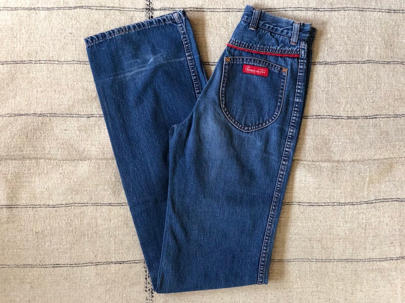 1970s vintage Chemin De Fer high waist disco jeans 70s 80s boho straight leg medium wash denim XS 23 W 35 L extra long inseam