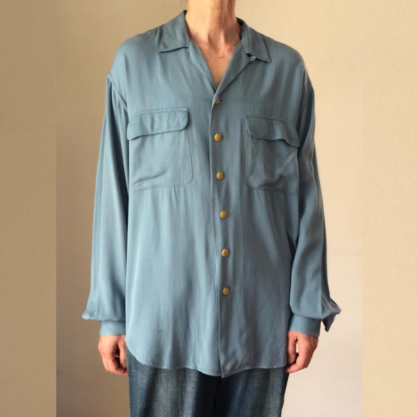 1990s vintage Ralph Lauren Polo Country rayon gabardine shirt 90s sky blue loop collar unisex M L