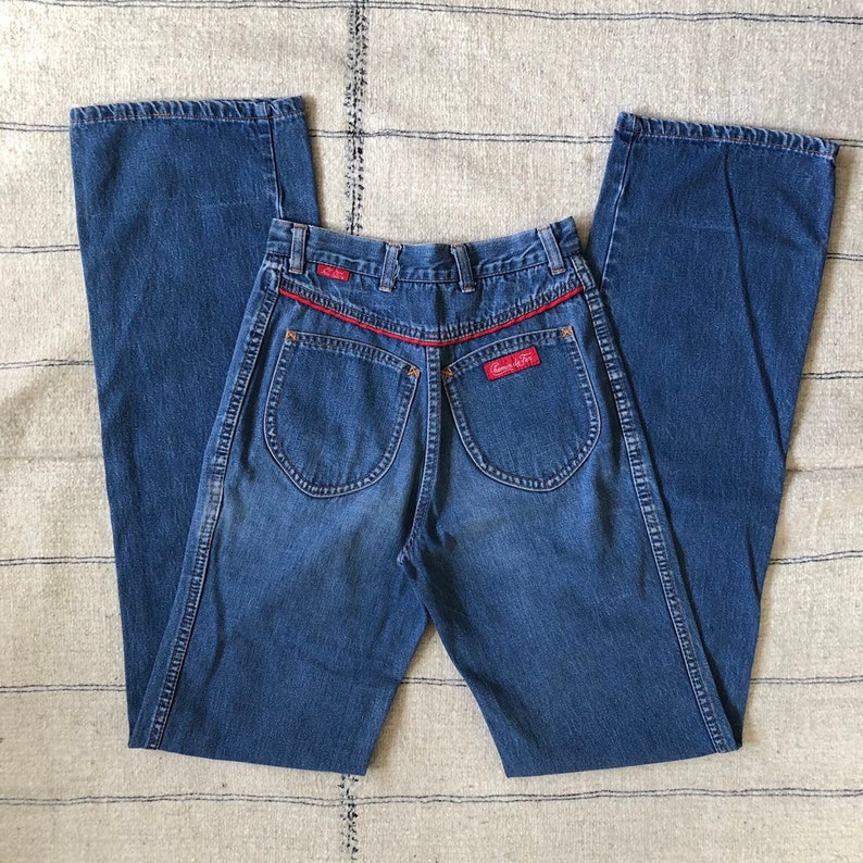 1970s vintage Chemin De Fer high waist disco jeans 70s 80s boho straight leg medium wash denim XS 23 W 35 L extra long inseam