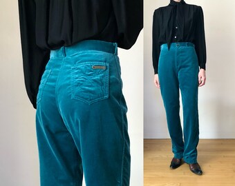 1980s vintage Jou Jou teal velvet trousers 80s straight leg pants S M 28 W