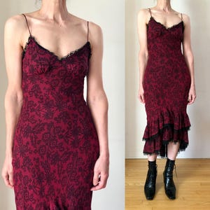 1990s Vintage Betsey Johnson Silk Ruffle Hem Slip Dress 90s Red Black Lace  Illusion Party Dress XS S - Etsy