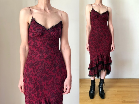 1990s Vintage Betsey Johnson Silk Ruffle Hem Slip Dress 90s