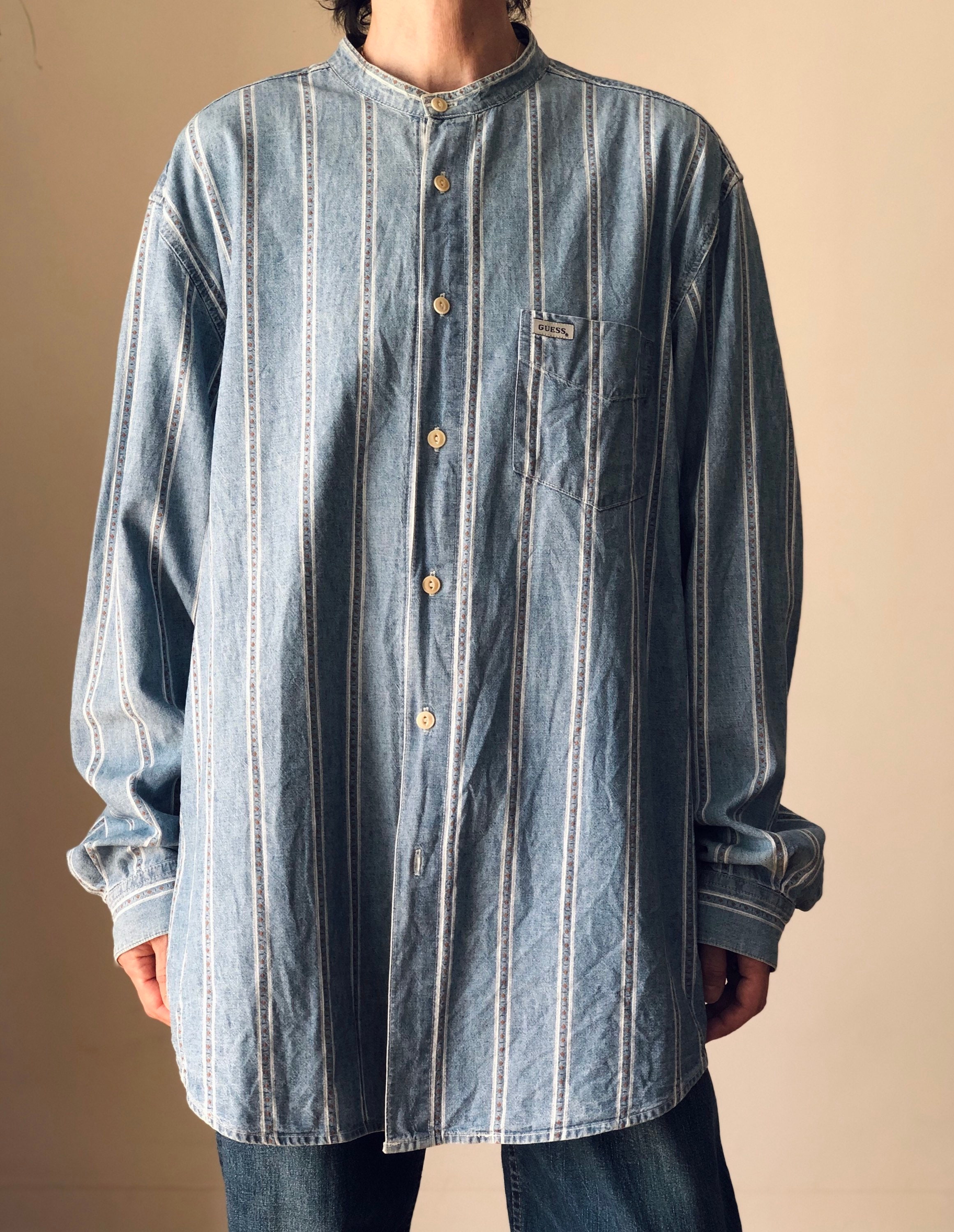 1990s Vintage Guess Oversized Band Collar Chambray Shirt 90s Etsy