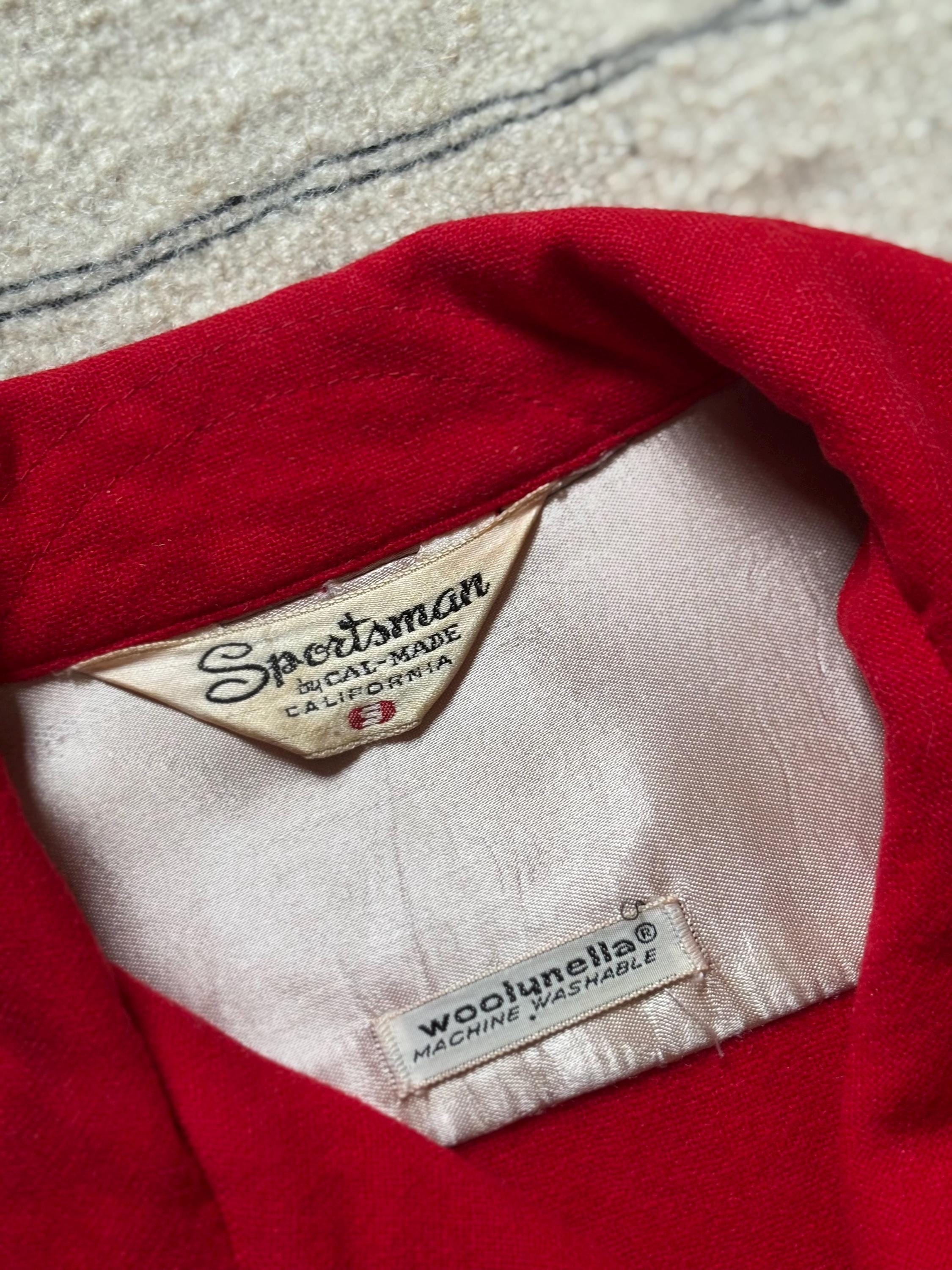 1960s Vintage Sportsman California Red Wool Loop Collar Shirt 60s 