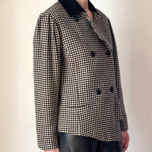 1980s vintage Louis Feraud wool houndstooth plaid asymmetrical jacket 80s designer avant garde black & white check blazer shops L