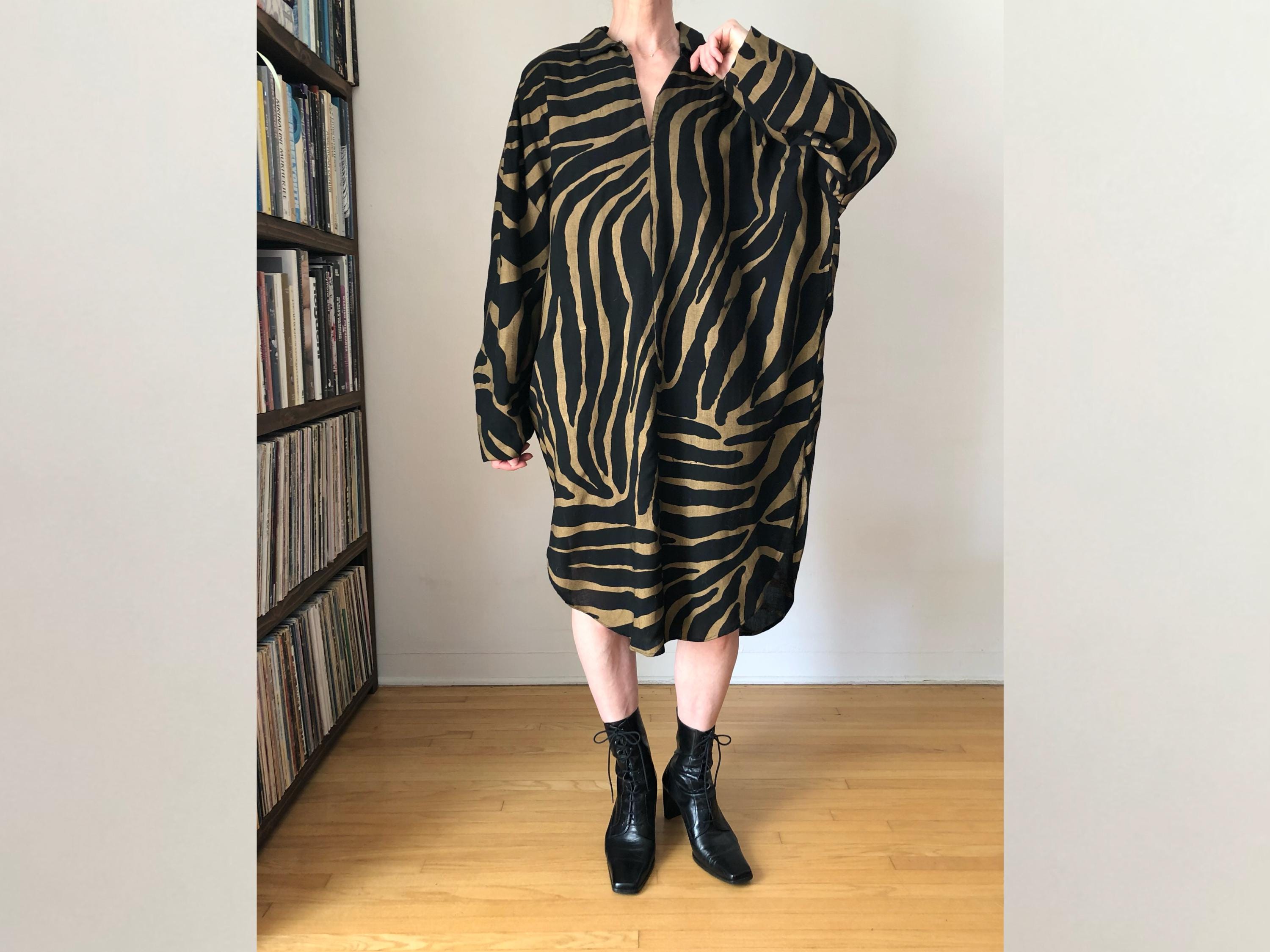 1980s vintage Norma Kamali zebra print batwing shirt dress 80s avant garde oversized black gold stripe cotton L OSFM