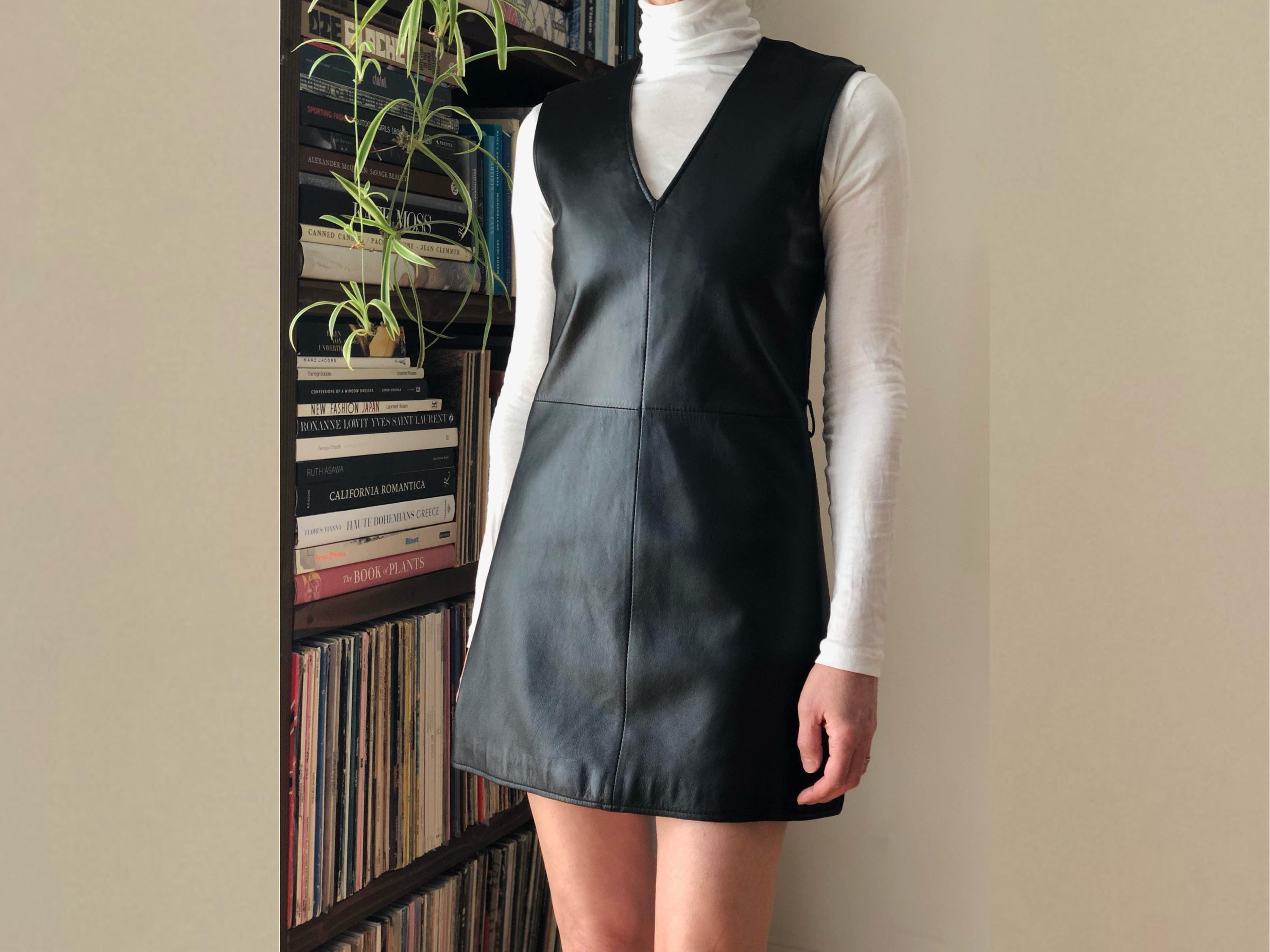 oasis leather dress 1990s Vintage Anna Sui Black Vegan Shift 90s Mod Minidress XS S instock70plus