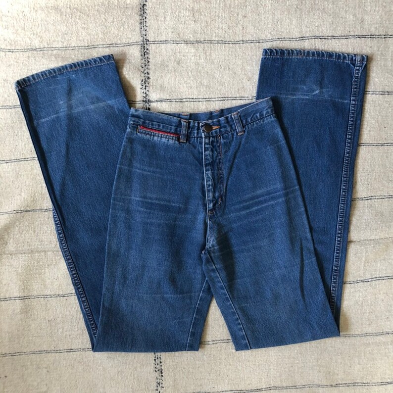 1970s vintage Chemin De Fer high waist disco jeans 70s 80s boho straight leg medium wash denim XS 23 W 35 L extra long inseam