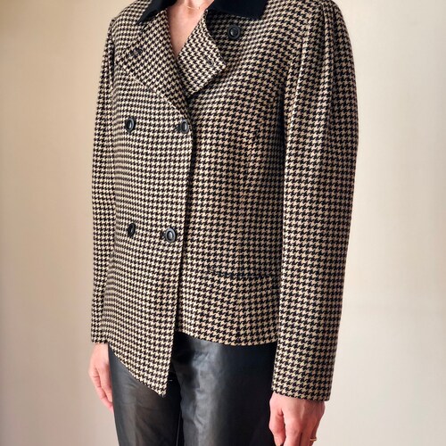 1980s vintage Louis Feraud wool houndstooth plaid asymmetrical jacket 80s designer avant garde black & white check blazer shops L