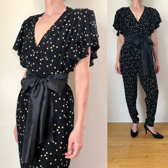 1980s vintage silk dot jacquard jumpsuit 80s 90s v