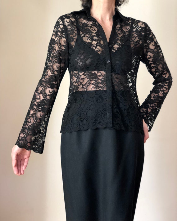 1990s vintage black floral lace blouse 90s collar… - image 4