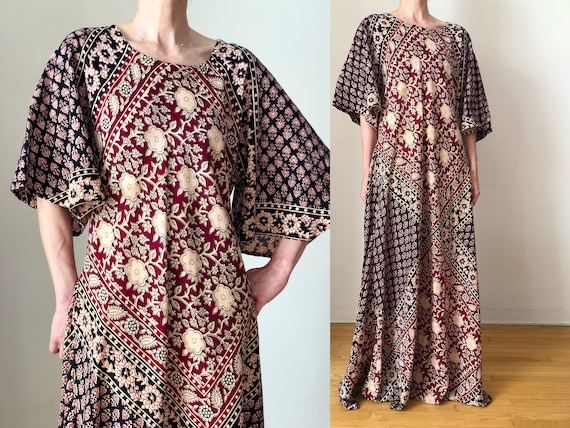 1970s Vintage Indian Cotton Block Print Maxi Dress 70s