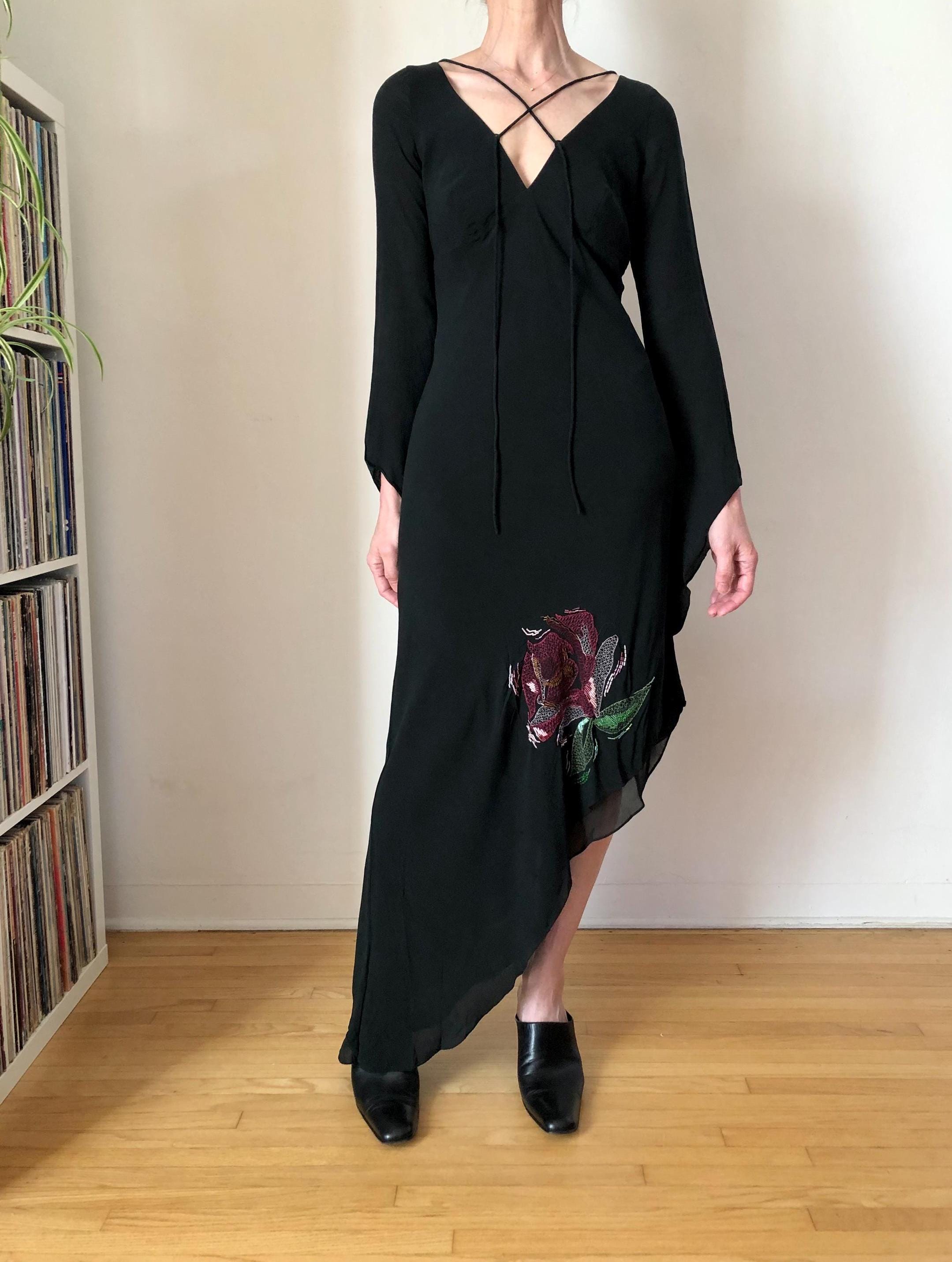 1990s Vintage Nicole Miller Black Silk Floral Beaded Party Dress 90s Maxi Length Asymmetrical Hem Gown S