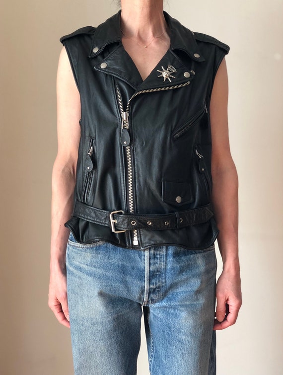 1990s Vintage DKNY Oversized Black Leather Vest 90s Designer 