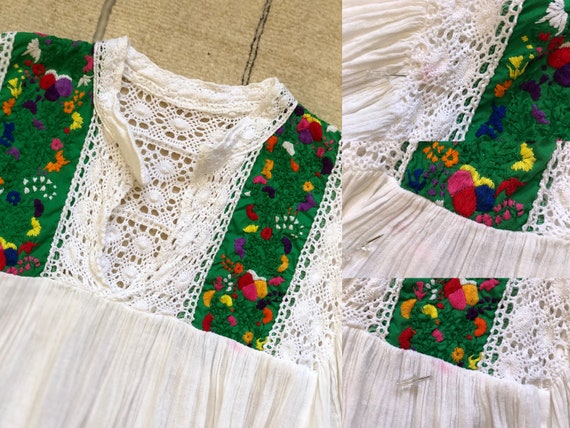 White Crinkled Gauze Seventies Vintage Embroidery 3/4 Sleeve Peasant Lace Boho Blouse Top
