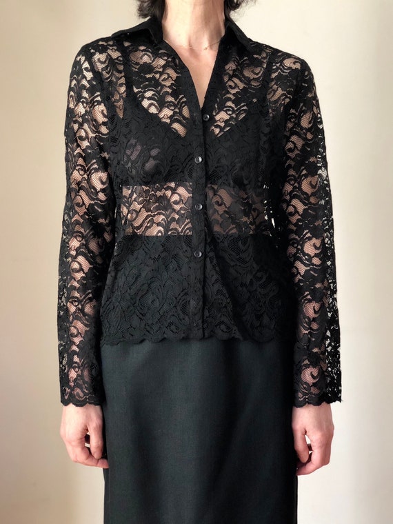 1990s vintage black floral lace blouse 90s collar… - image 2