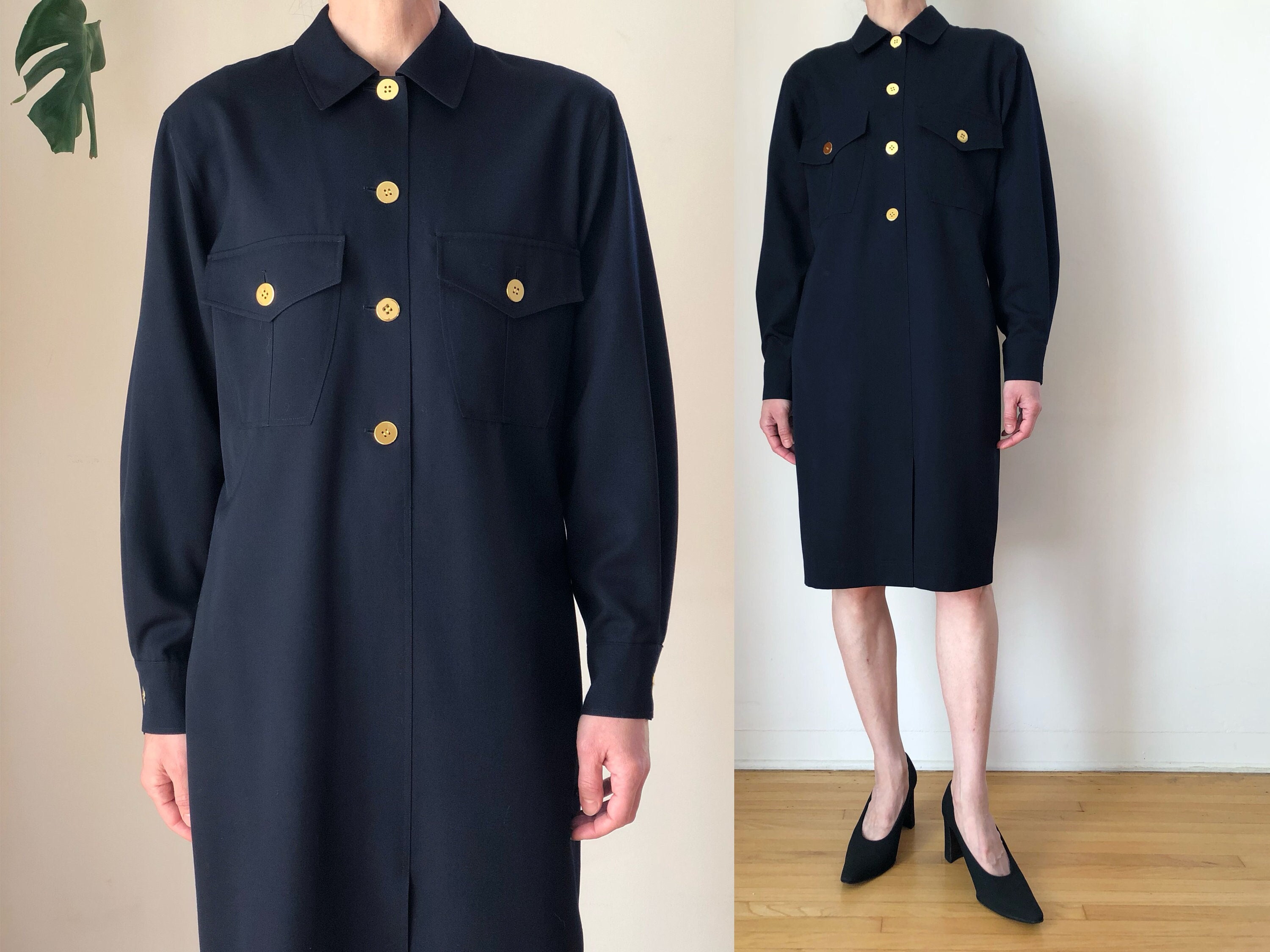 1990s Vintage Genny Navy Blue Wool Gold Button Dress 90s Designer Minimalist Made in Italy M Etsy