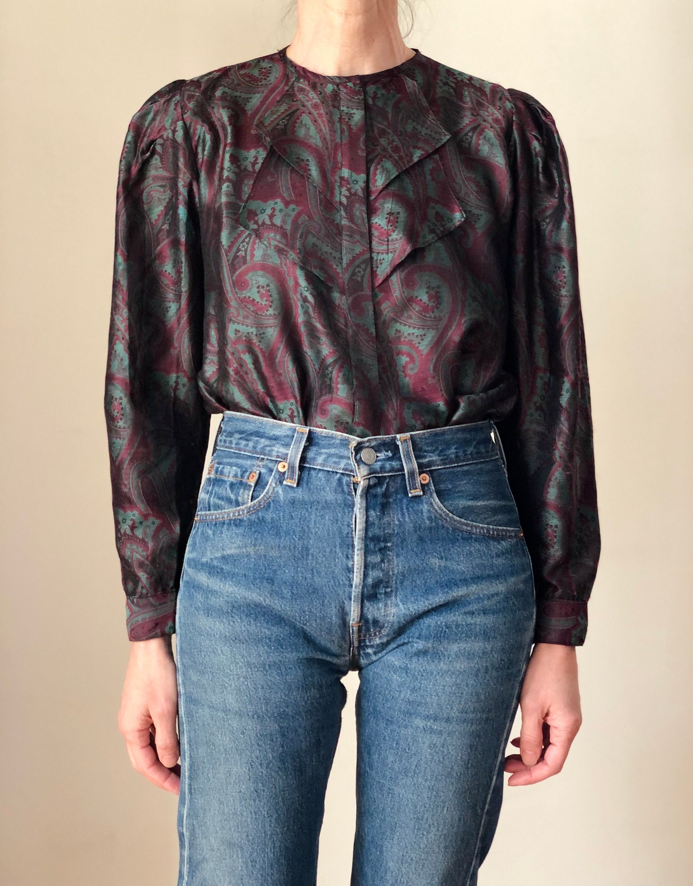 Alan Ruffle 1980s Vintage Alan Austin Paisley Silk Jacquard Ruffle Bib Blouse 80s ...