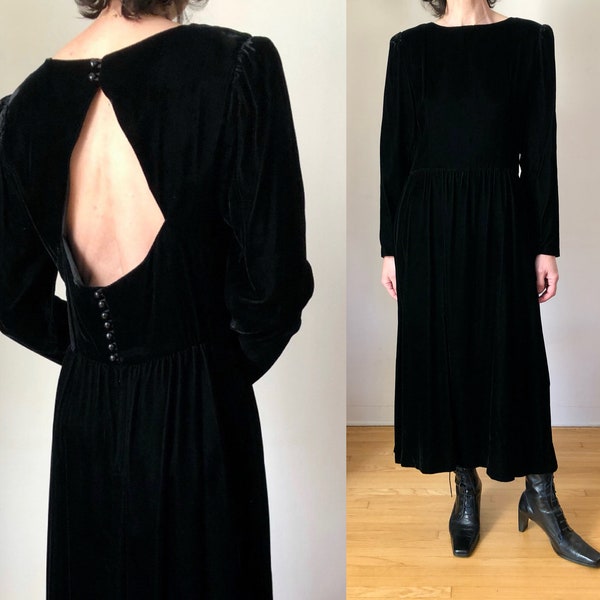 1980s vintage Lanz black velvet open back dress 80s midi length party dress M L 30 W