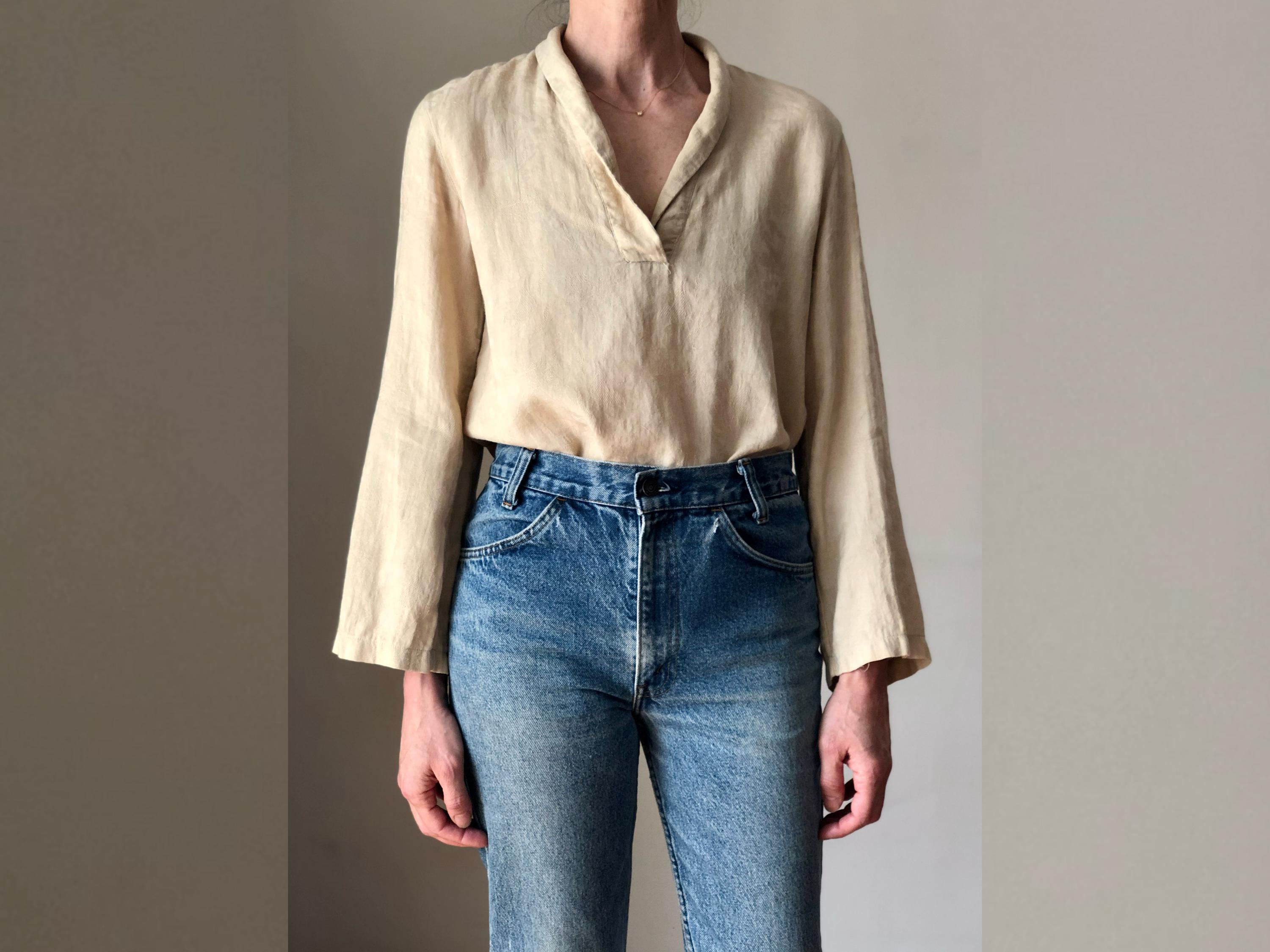 1980s vintage Calvin Klein khaki silk linen jacquard shawl collar blouse 80s minimalist M