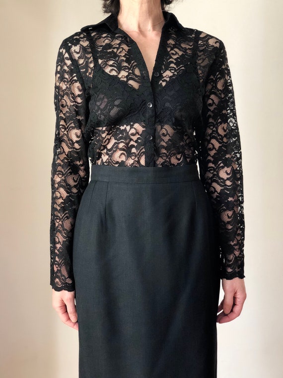 1990s vintage black floral lace blouse 90s collar… - image 7