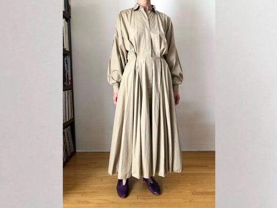 Norma Kamali, 1980s vintage Norma Kamali Collection for Bloomingdales safari dress 80s khaki cotton maxi shirtdress S 27 W