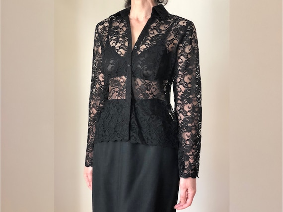 1990s vintage black floral lace blouse 90s collar… - image 1