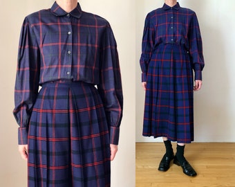 1980s vintage Perry Ellis plaid two piece set 80s designer blue purple tartan check puff sleeve blouse & pleated midi skirt M 28 W