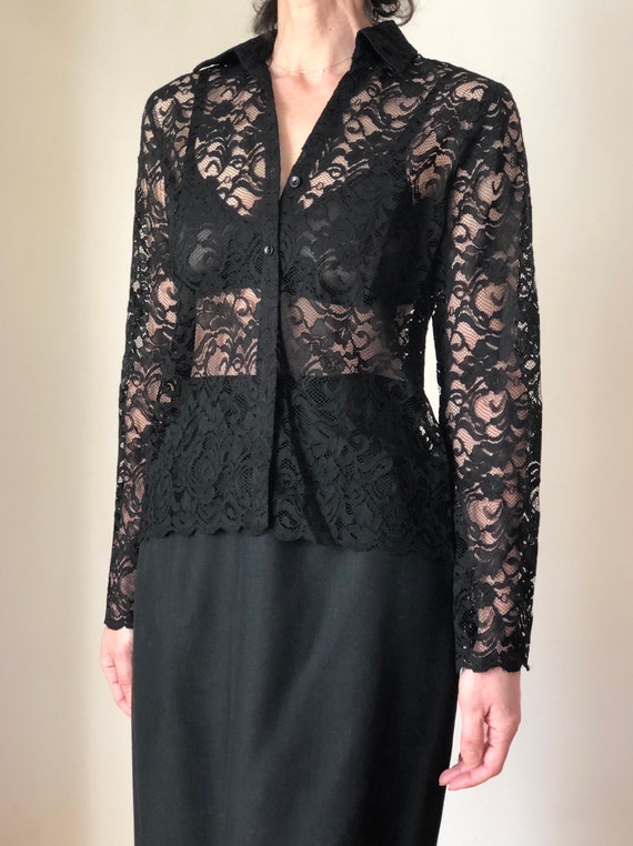 1990s vintage black floral lace blouse 90s collar… - image 3