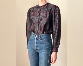 1980s vintage Alan Austin paisley silk jacquard ruffle bib blouse 80s holiday shirt made in Italy XS S