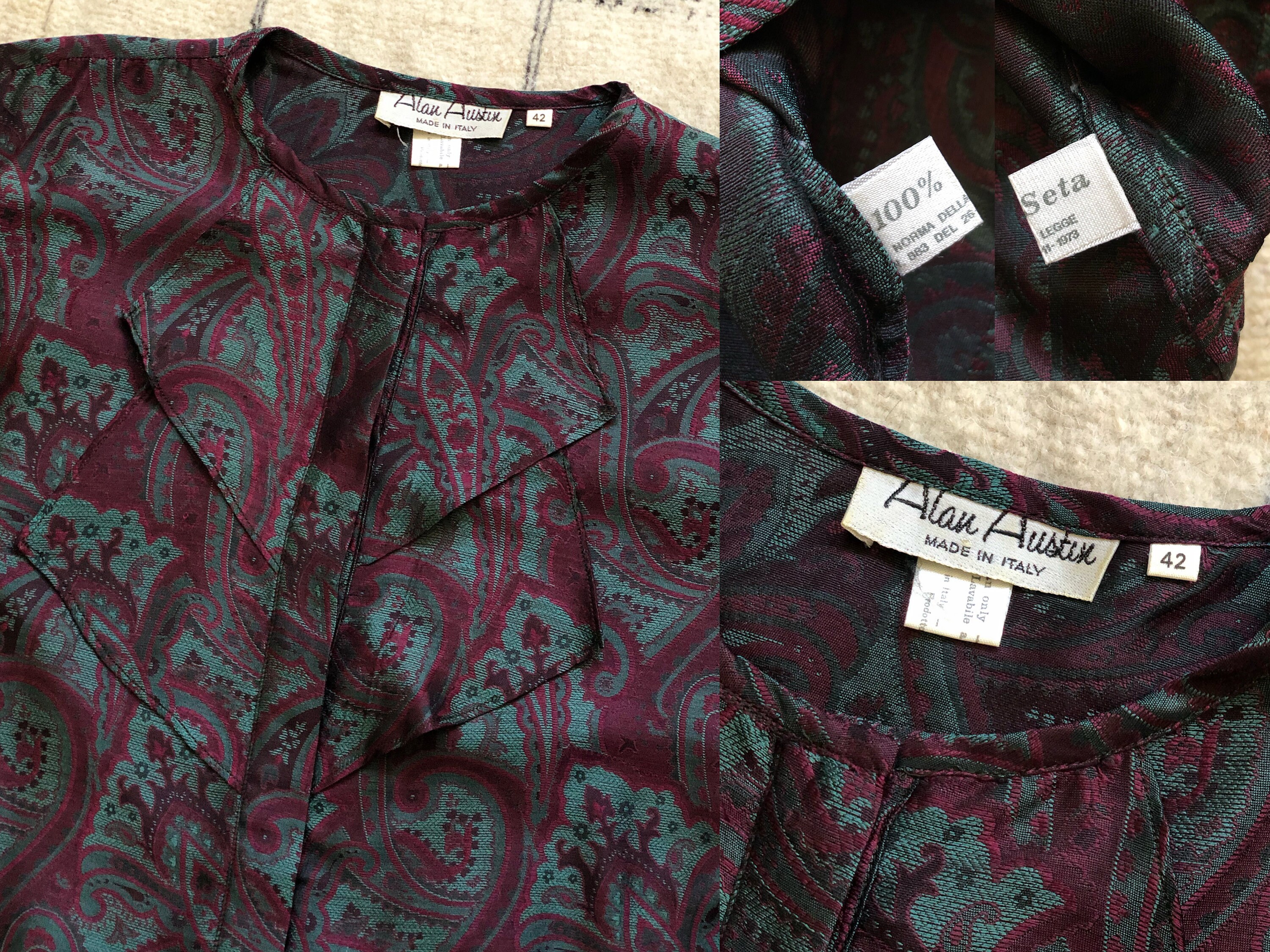 Alan Ruffle 1980s Vintage Alan Austin Paisley Silk Jacquard Ruffle Bib Blouse 80s ...