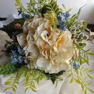 Wedding Bouquet, Bridal Bouquet, Bridesmaid Bouquet, Artificial Silk Flower Arrangement, White, Baby Blue and Pink