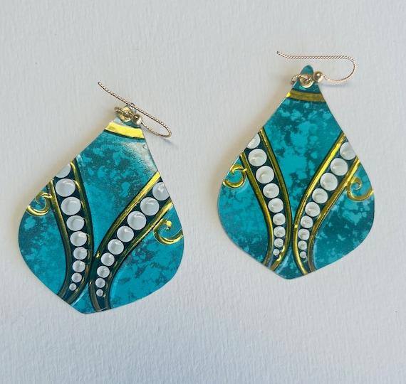 Vintage tin earrings, statement earrings, turquoise, gold, feather light  earrings, unique Upcycled earrings, vintage style