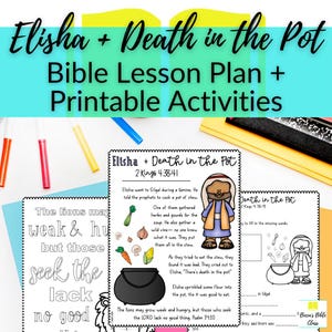 Pode incluir: Um plano de aula bíblica imprimível e folhas de atividades para crianças sobre a história de Eliseu e a panela de ensopado. As folhas de trabalho coloridas apresentam ilustrações de Eliseu, uma panela de ensopado e leões. O texto inclui o versículo bíblico 2 Reis 4:38-41 e uma citação do Salmo 34:10.