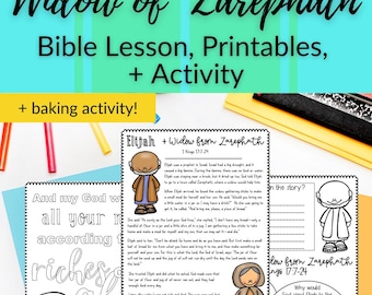 May include: A printable Bible lesson for kids about the story of Elijah and the widow of Zarephath. The printable features illustrations of Elijah and the widow, along with text from the Bible story. The printable also includes a coloring page and a writing activity.