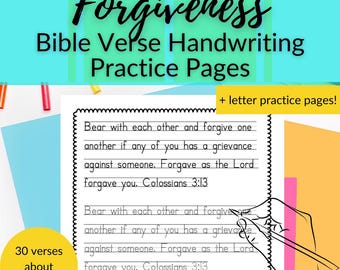 Verses about Forgiveness Bible Based Print Penmanship Handwriting Practice for Kindergarten, 1st grade, or 2nd grade