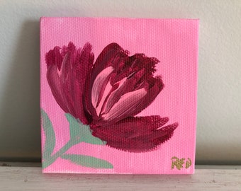 Mini Pink Flowers No. 3: Original 2x2in acrylic fine art. Fine art mini painting of flowers. Floral painting. Acrylic art on canvas. 1 of 8.