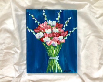 Bouquet of Pink Flowers: Original 8x10in acrylic fine art painting. Fine art floral painting. Original painting of flowers