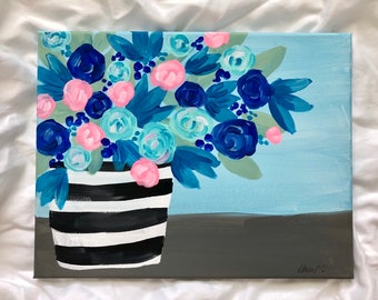 Original 11x14in Acrylic Fine Art on Canvas: Striped Vase of Flowers No. 2