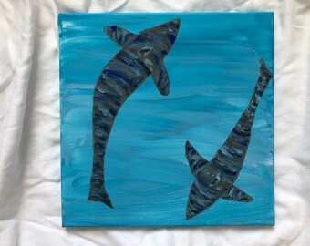 Double Trouble: Original 12x12in acrylic painting of two sharks in the water. Original painting of sharks. Acrylic shark painting