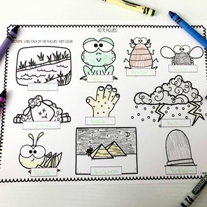 May include: A black and white printable worksheet with illustrations of the ten plagues of Egypt. The plagues are: water into blood, frogs, lice, flies, livestock pestilence, boils, hail, locusts, darkness, and death of the firstborn. The worksheet includes a space for students to label each plague and then color the illustrations.