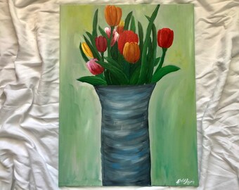 Original acrylic painting: Vase of Tulips for Mom | Original fine art | Acrylic painting of tulips | Floral art | Floral painting | Gift